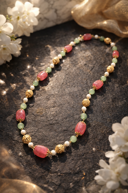 “Pink Stone & Aventurine Necklace Finished with Pearls and Gold Textured Accents”