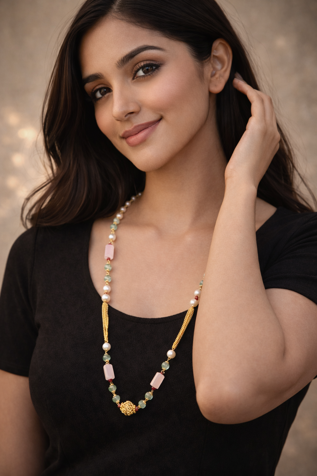 “Elegant Aventurine & Rose Quartz Necklace with Pearls”
