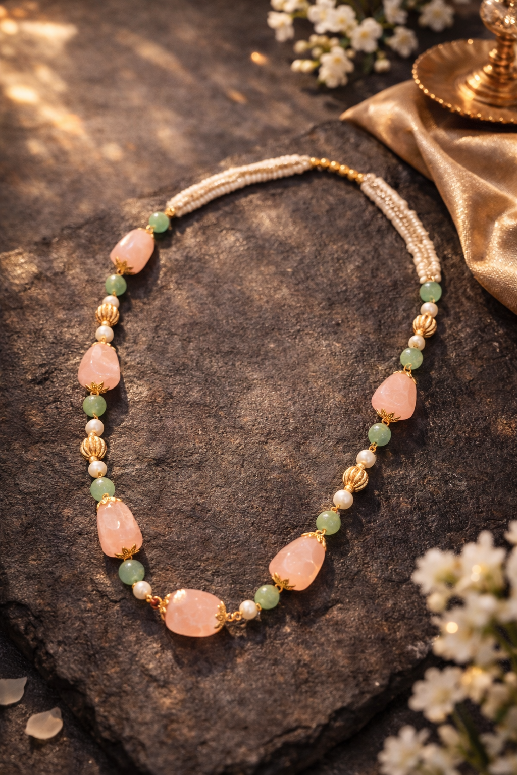 Luxury Rose Quartz Gemstone Featuring Green Aventurine Necklace