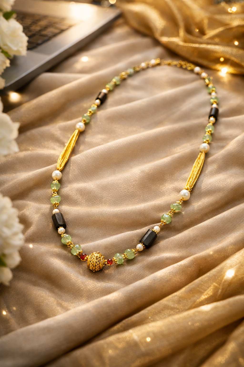 Luxury Green Aventurine Beaded Necklace with Black Tourmaline Stones