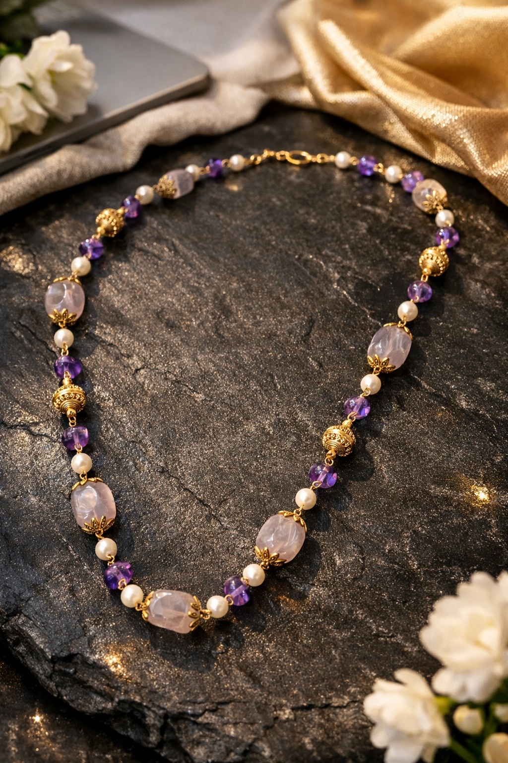 Royal Amethyst, Pearl & Tumble Gemstone Necklace