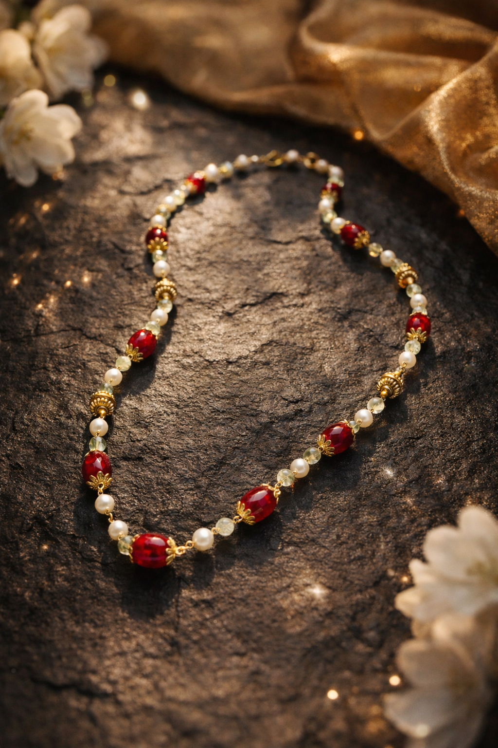Festive Ruby Red Stone Necklace with Pearls & Antique Gold Beads