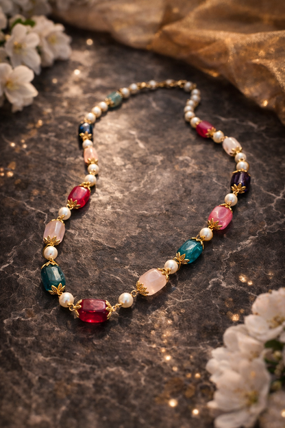 Handcrafted Multicolor Tumble Gemstone Necklace with Pearls