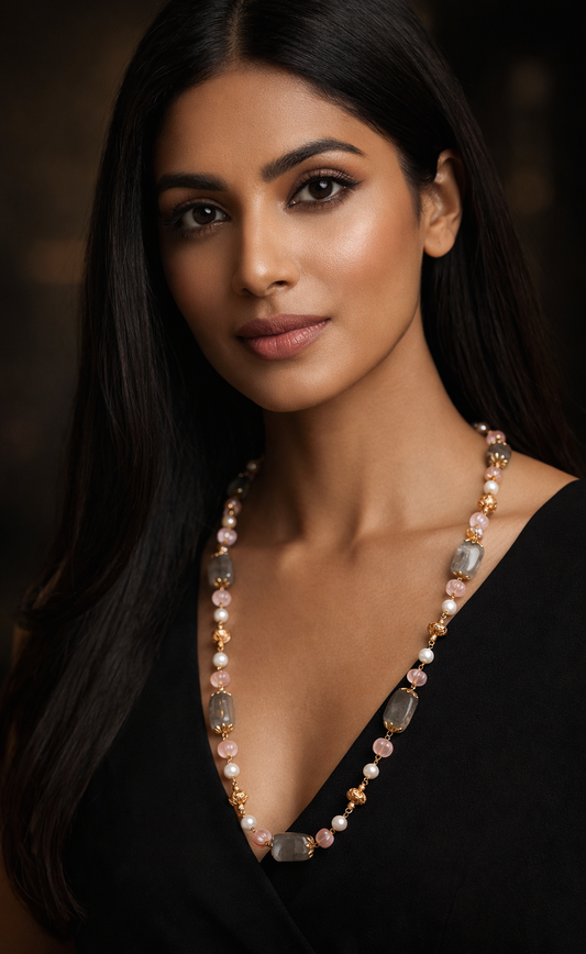 Premium Grey Gemstone Tumble Necklace with Pearls & Antique Gold Accents