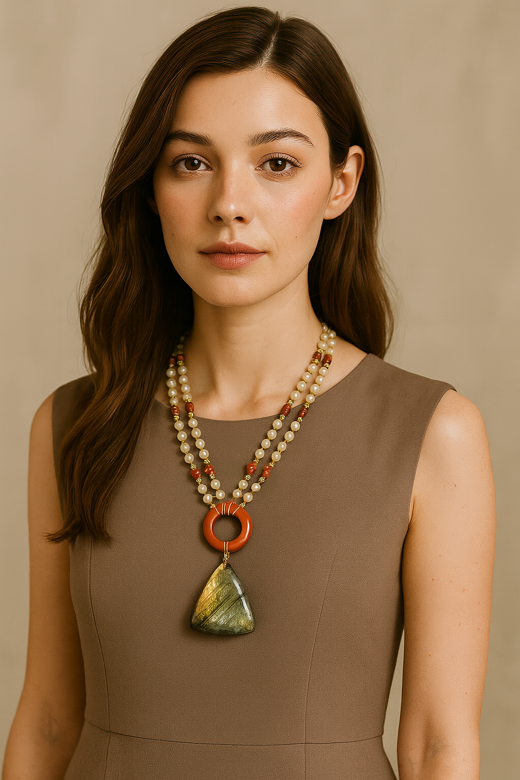 Handcrafted Double-Strand Gemstone Necklace with Red Donut and Labradorite Pendant – Gemstone Jewelry