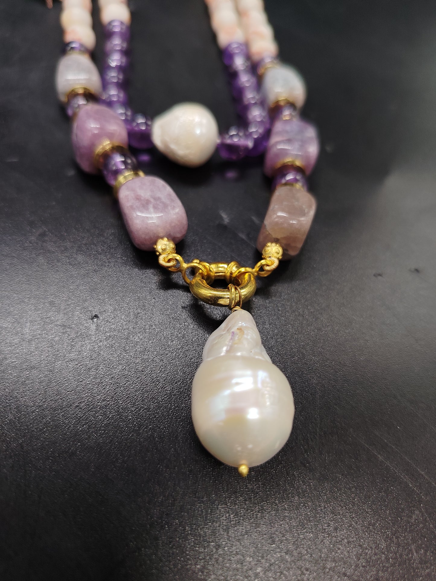 Handcrafted Pink Opal & Amethyst Necklace with Baroque Pearl Pendant – Elegant Multi-Strand Gemstone Jewelry