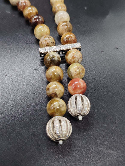 Green Garnet Gemstone Beaded Necklace with Antique Silver Accents