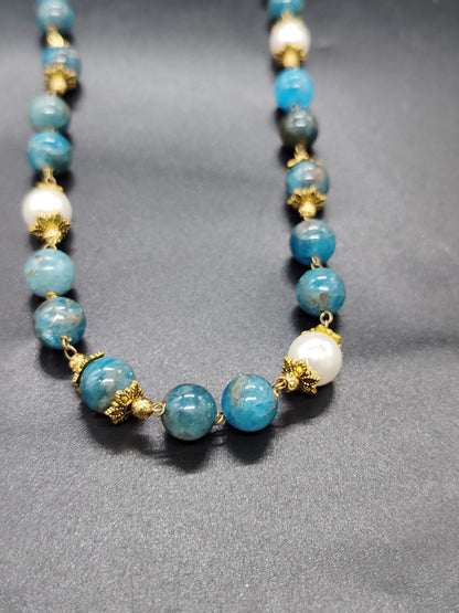 Handmade Blue Apatite Necklace – Natural Stones & Pearl Accents
