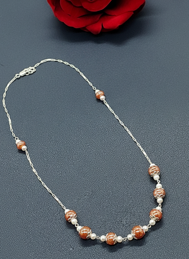 Peach Moonstone & Pearl Silver Necklace
