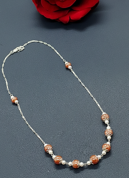 Peach Moonstone & Pearl Silver Necklace