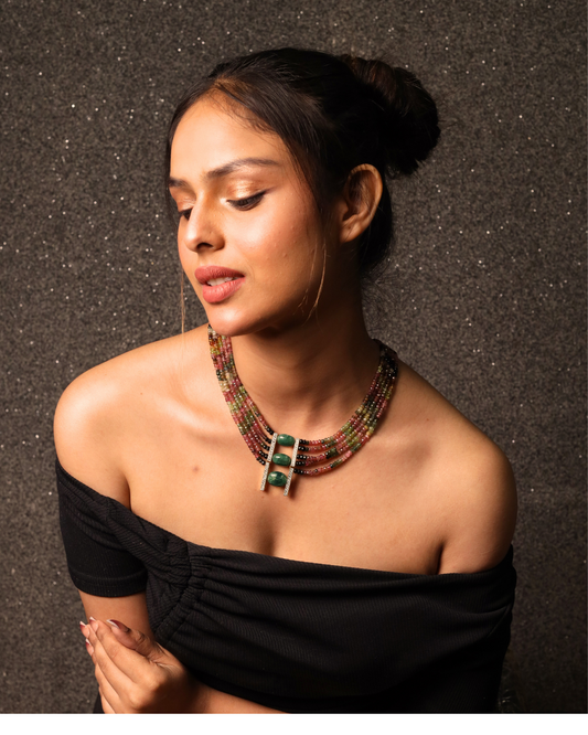 Tourmaline  with green tumbles five line necklace