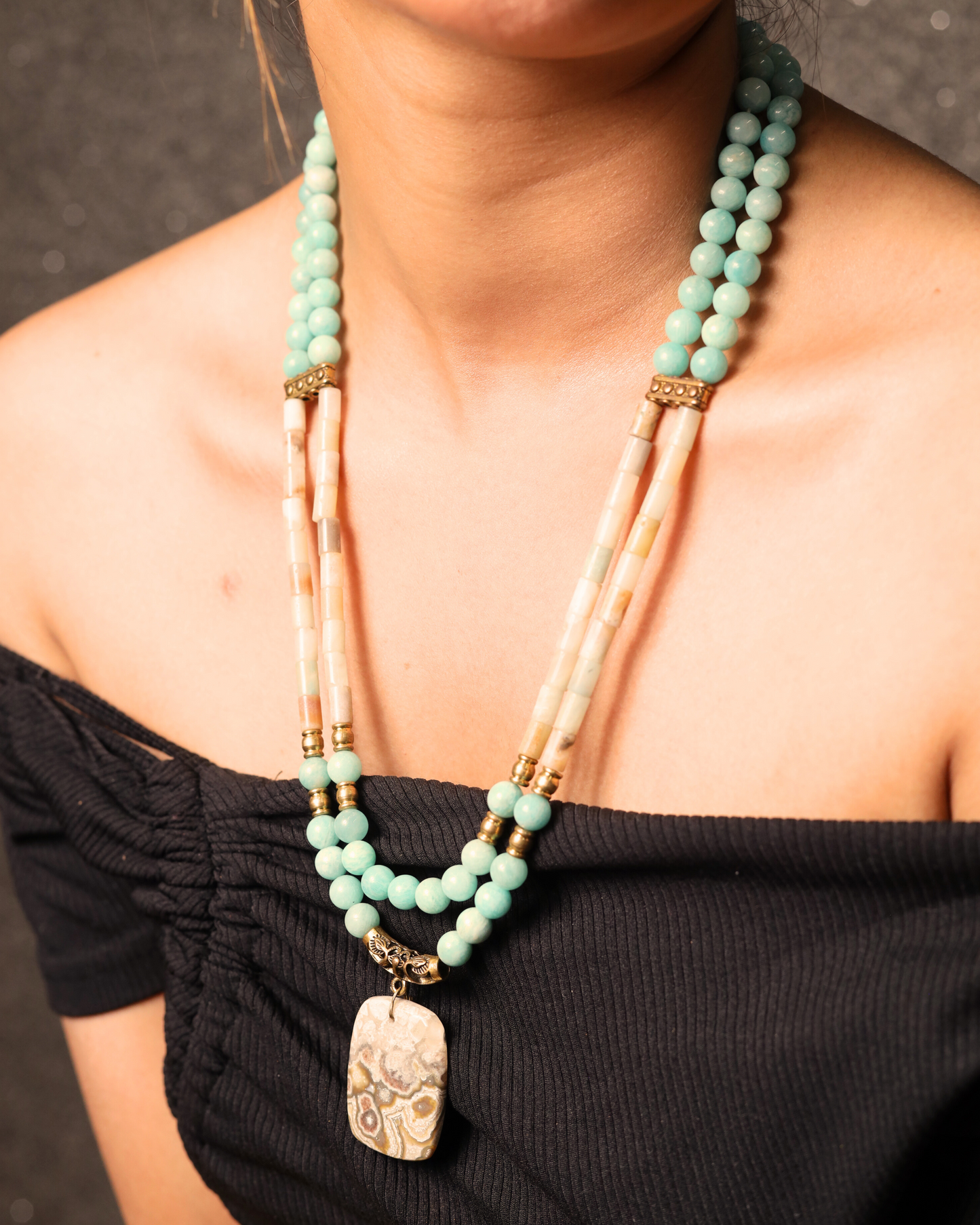 Unique Amazonite Stones with Agate Locket Necklace