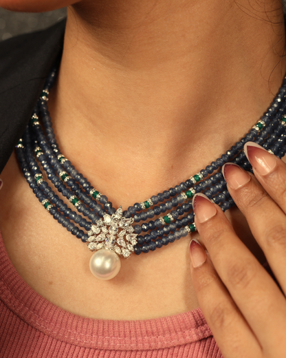 Blue onyx Beads with Pearl DC Pendant  Necklace