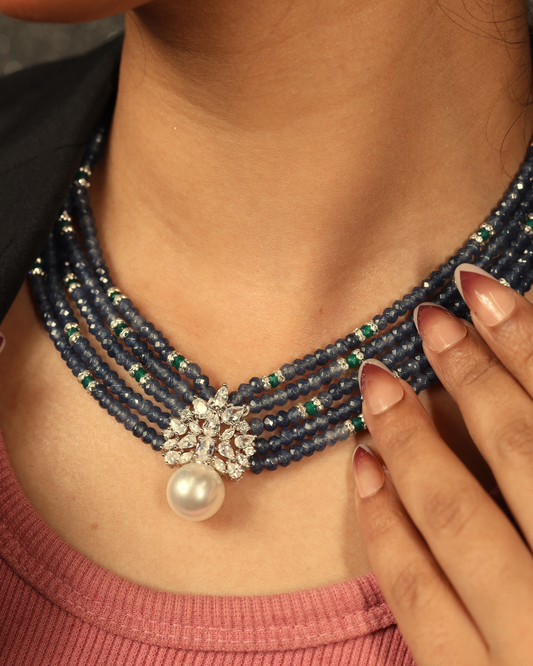 Blue onyx Beads with Pearl DC Pendant  Necklace