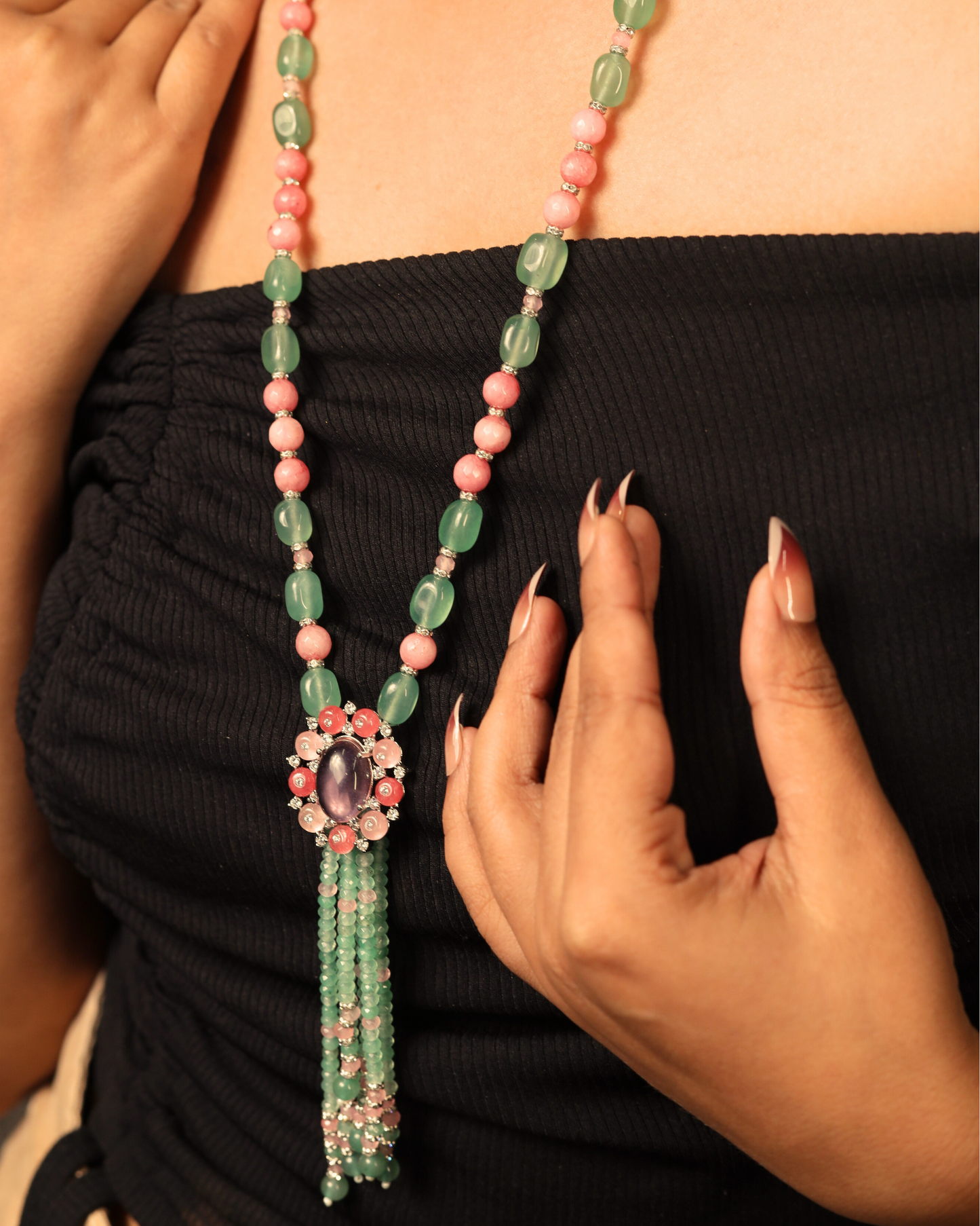 Green & Pink Onyx with Diamond-Cut Pendant  String Necklace