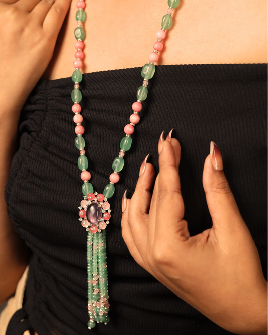 Green & Pink Onyx with Diamond-Cut Pendant  String Necklace