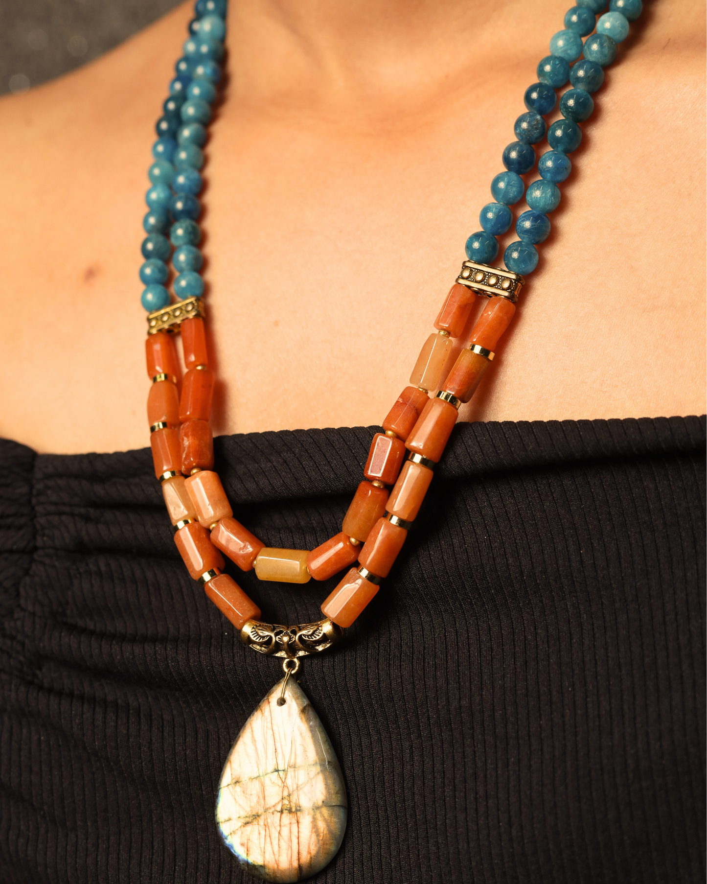 Red Aventurine &  Apatite Beads with Locket Necklace