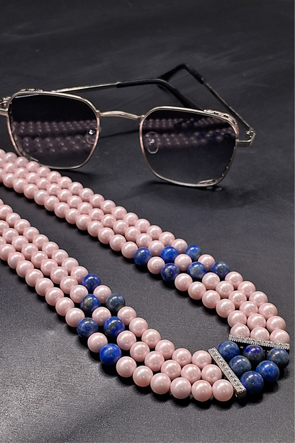 Triple-Strand Pink Pearl & Blue Gemstone Beaded Necklace | Elegant Natural Jewelry