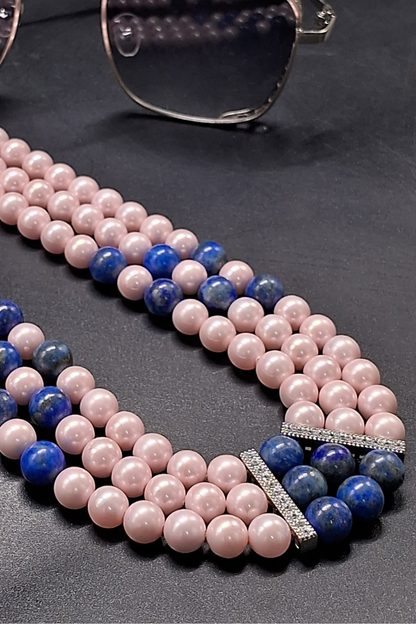 Triple-Strand Pink Pearl & Blue Gemstone Beaded Necklace | Elegant Natural Jewelry