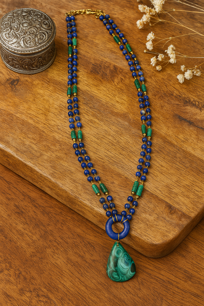 Lapis Lazuli & Malachite Double-Strand Statement Necklace with Green Gemstone Pendant