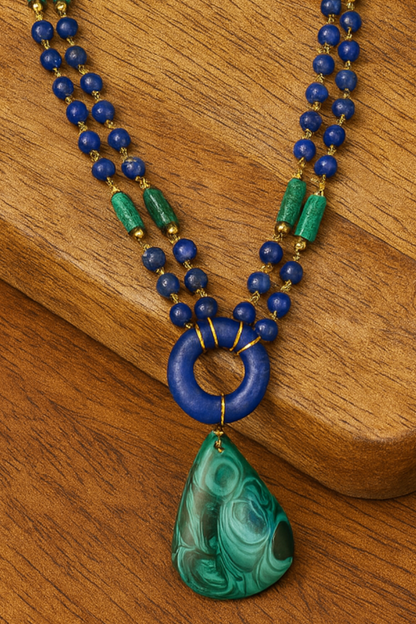 Lapis Lazuli & Malachite Double-Strand Statement Necklace with Green Gemstone Pendant