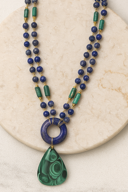 Lapis Lazuli & Malachite Double-Strand Statement Necklace with Green Gemstone Pendant