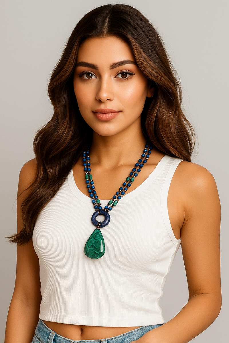 Lapis Lazuli & Malachite Double-Strand Statement Necklace with Green Gemstone Pendant