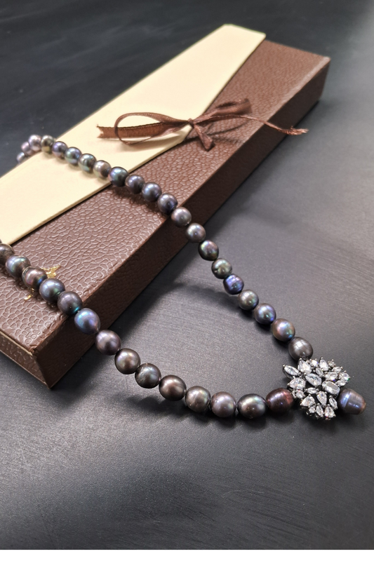 Lustrous Pearl Necklace with Sparkling Crystal Pendant | Handcrafted Elegance by Emryn