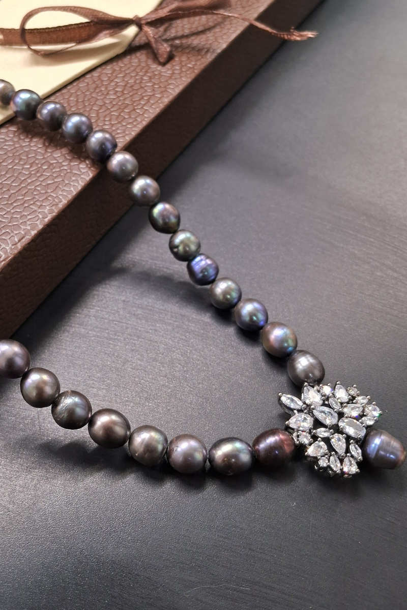 Lustrous Pearl Necklace with Sparkling Crystal Pendant | Handcrafted Elegance by Emryn