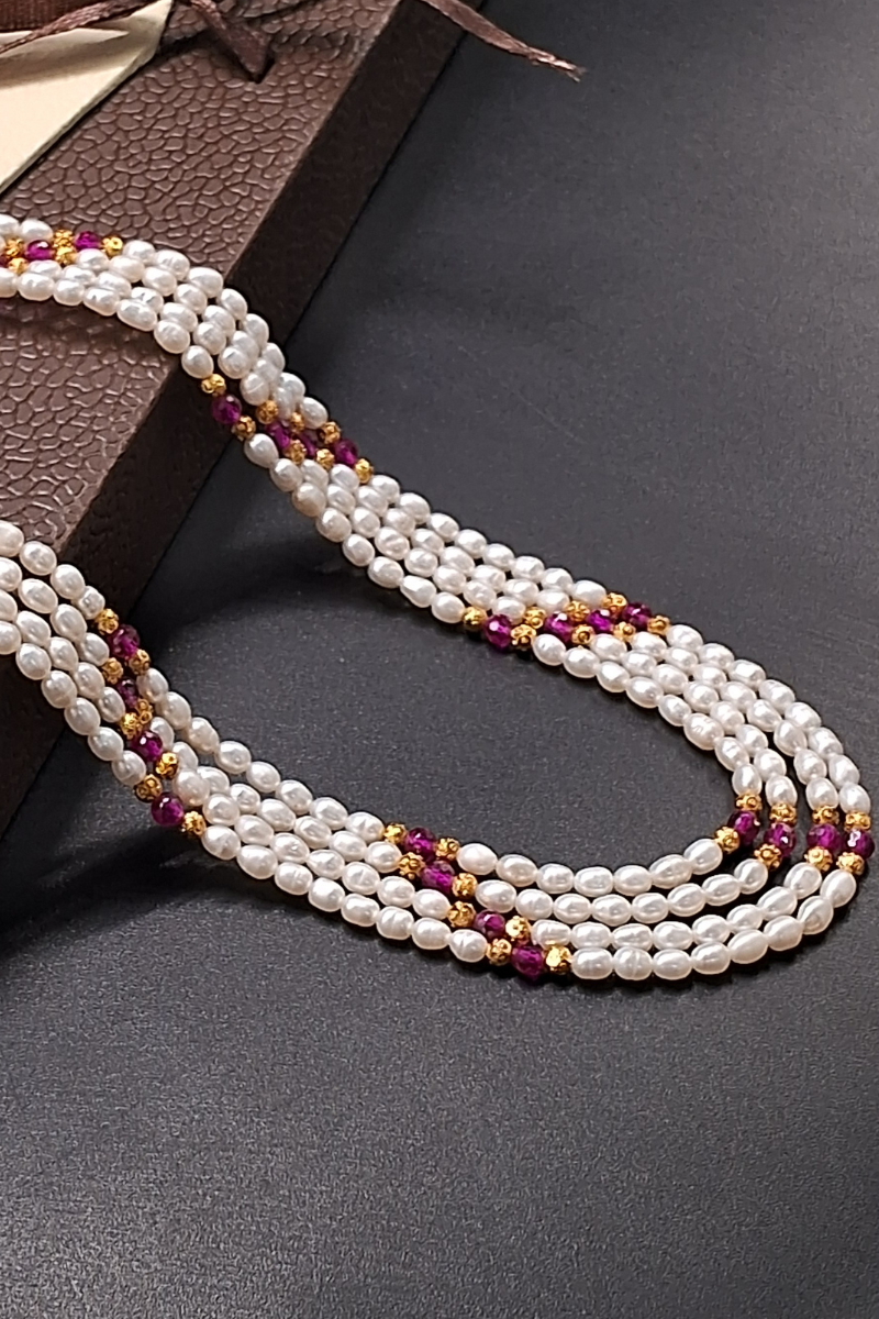 Multi-Strand Rice Pearl Necklace with Ruby & Gold Beads | Festive Ethnic Jewelry