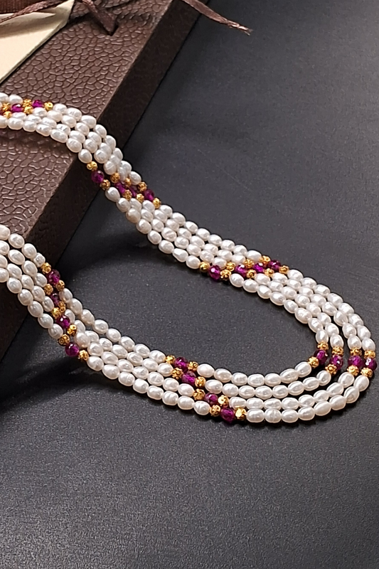 Multi-Strand Rice Pearl Necklace with Ruby & Gold Beads | Festive Ethnic Jewelry