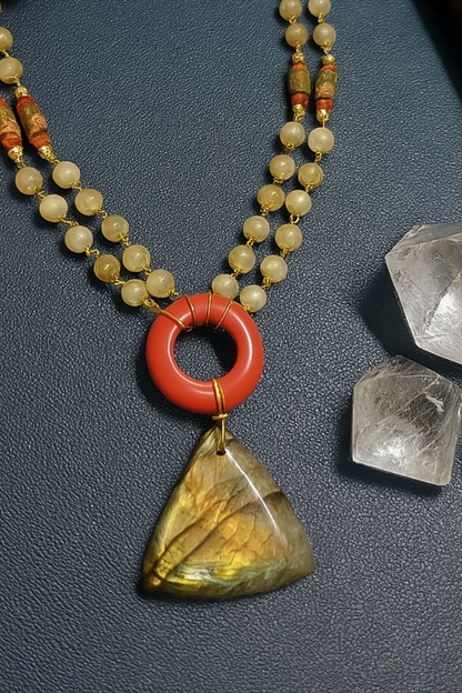 Handcrafted Double-Strand Gemstone Necklace with Red Donut and Labradorite Pendant – Gemstone Jewelry