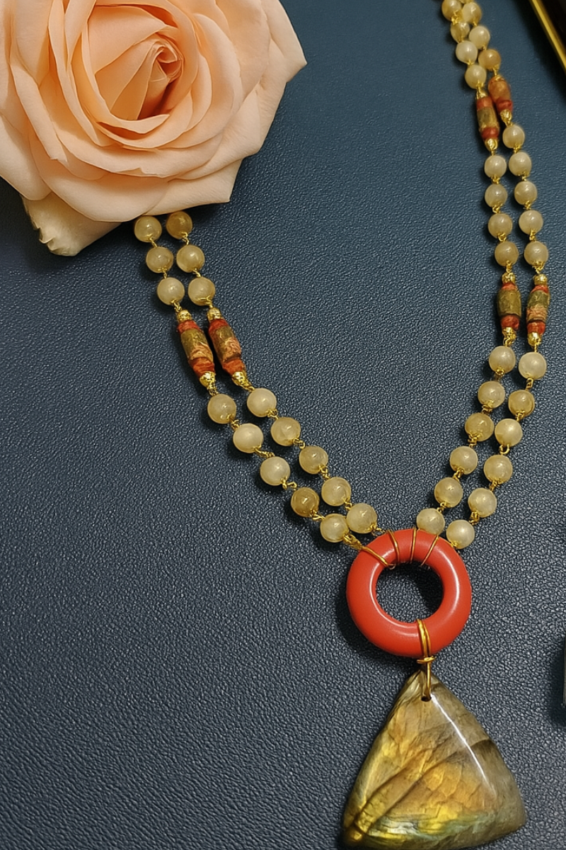 Handcrafted Double-Strand Gemstone Necklace with Red Donut and Labradorite Pendant – Gemstone Jewelry