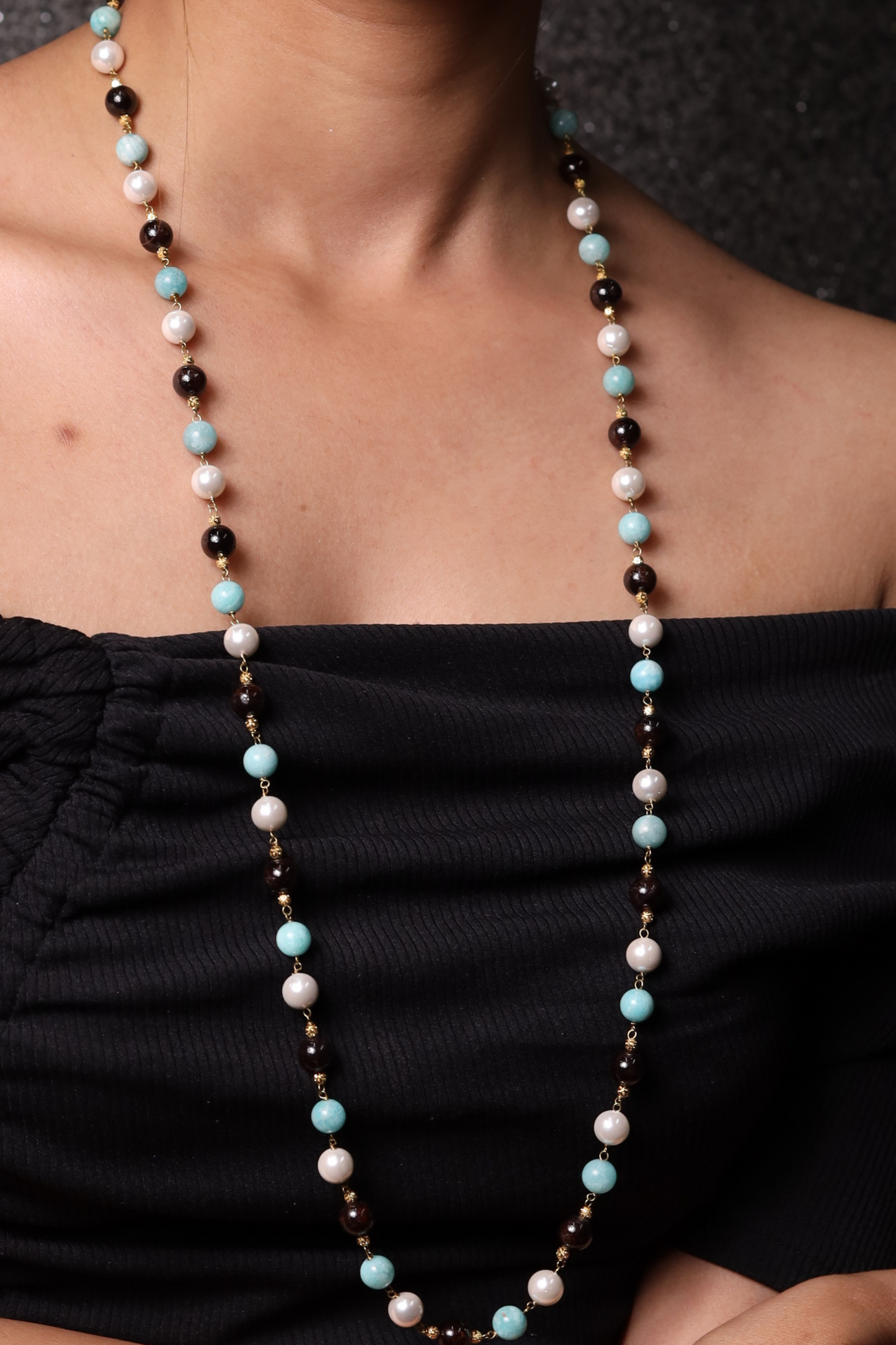 Amazonite, Garnet & Pearl Beads String Necklace