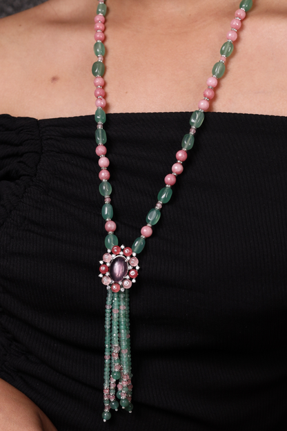 Green & Pink Onyx with Diamond-Cut Pendant  String Necklace