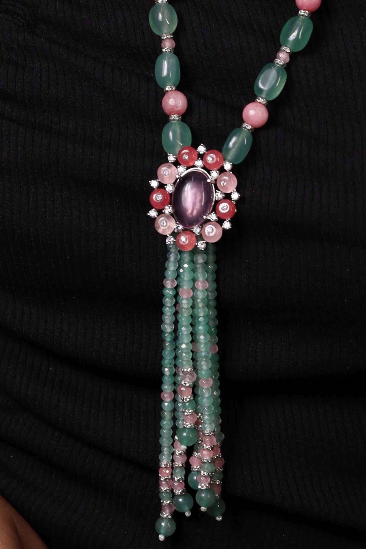 Green & Pink Onyx with Diamond-Cut Pendant  String Necklace