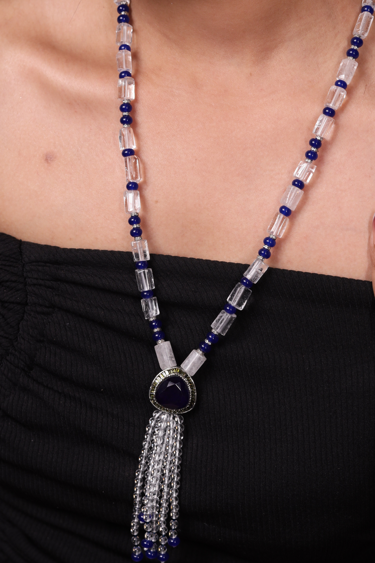 White Crystal with  Blue Pendant String Necklace