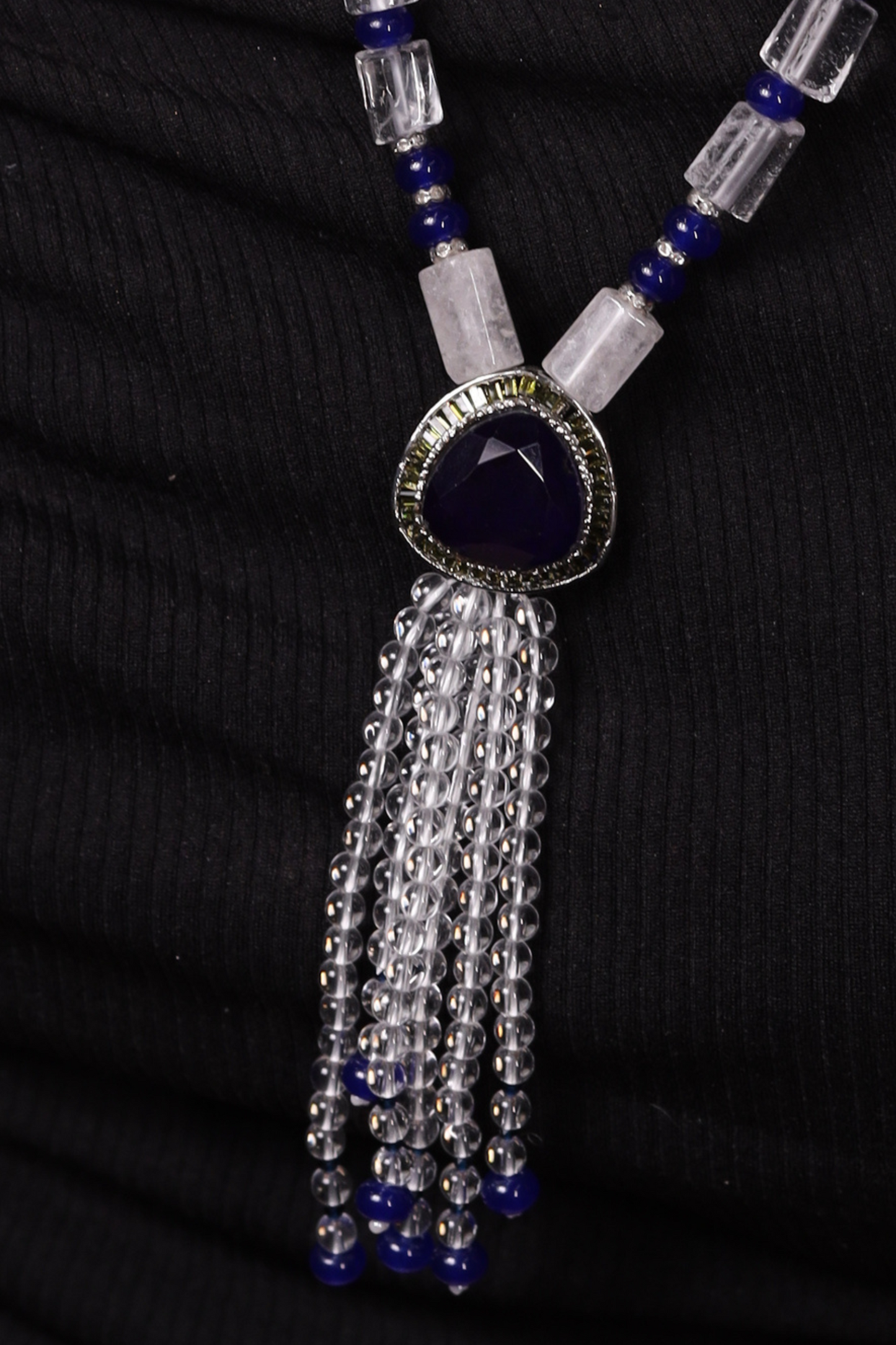 White Crystal with  Blue Pendant String Necklace