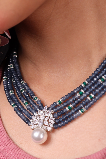 Blue onyx Beads with Pearl DC Pendant  Necklace