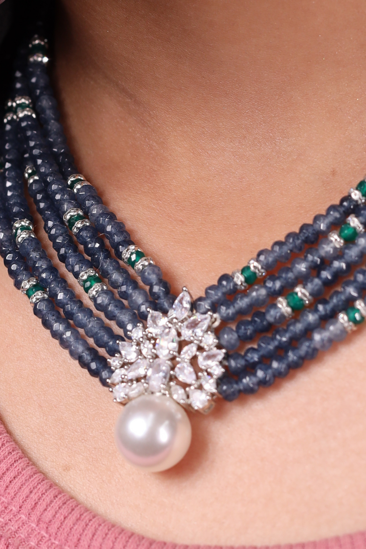 Blue onyx Beads with Pearl DC Pendant  Necklace