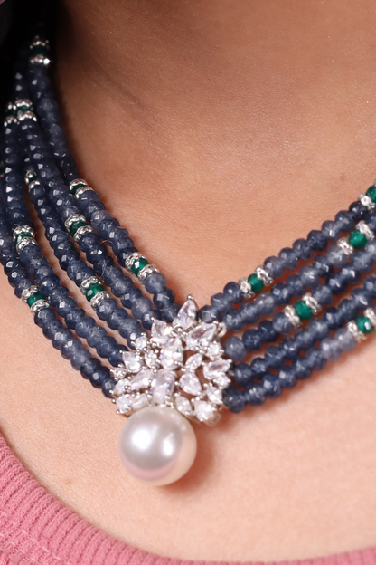 Blue onyx Beads with Pearl DC Pendant  Necklace