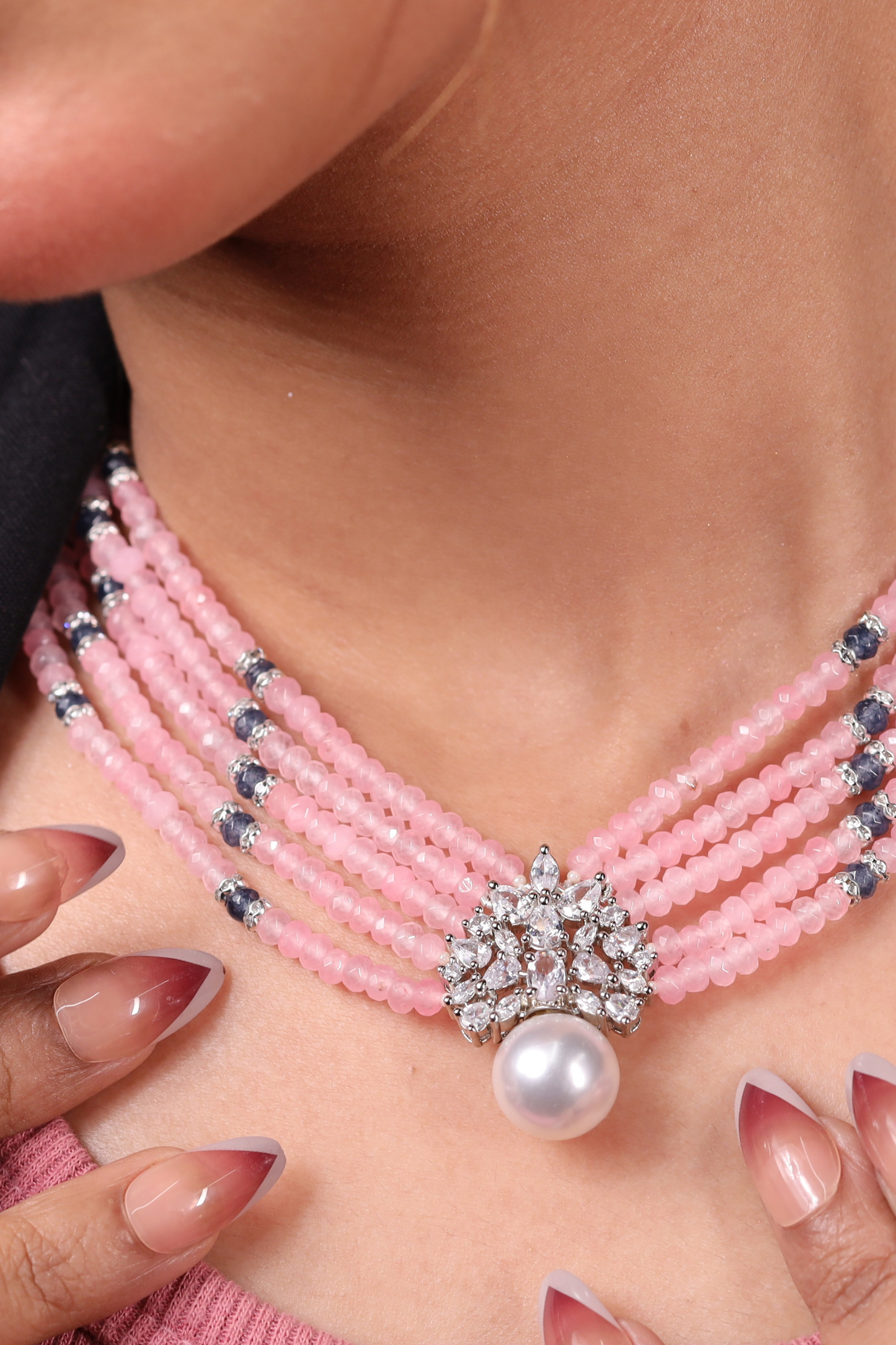 Pink onyx Beads with Pearl Pendant Necklace