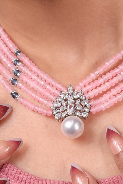 Pink onyx Beads with Pearl Pendant Necklace