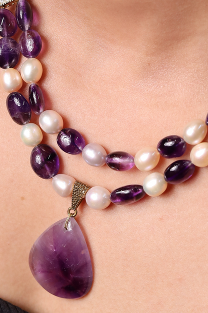 Amethyst with Freshwater Pearl & Locket Necklace