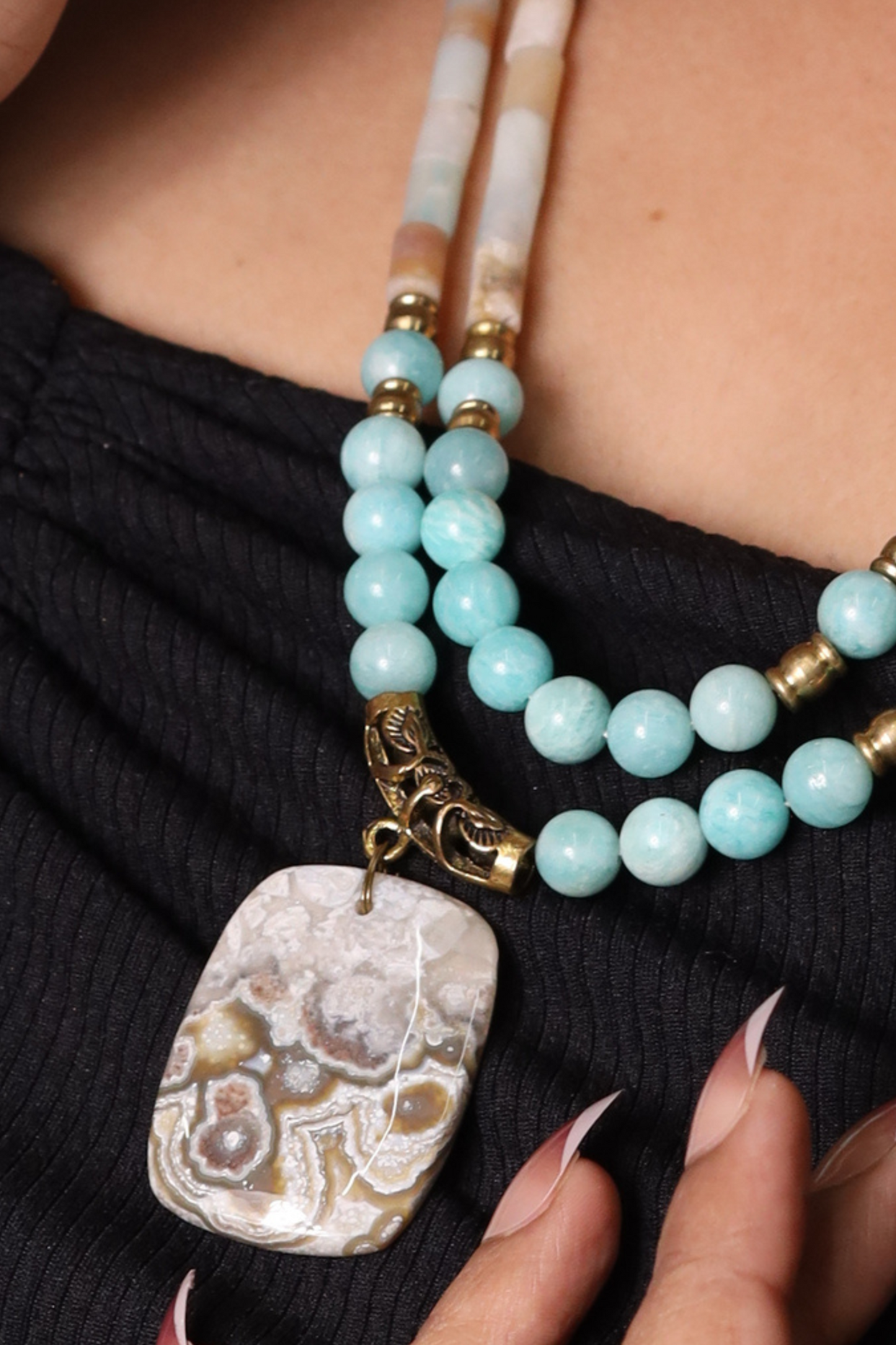 Unique Amazonite Stones with Agate Locket Necklace