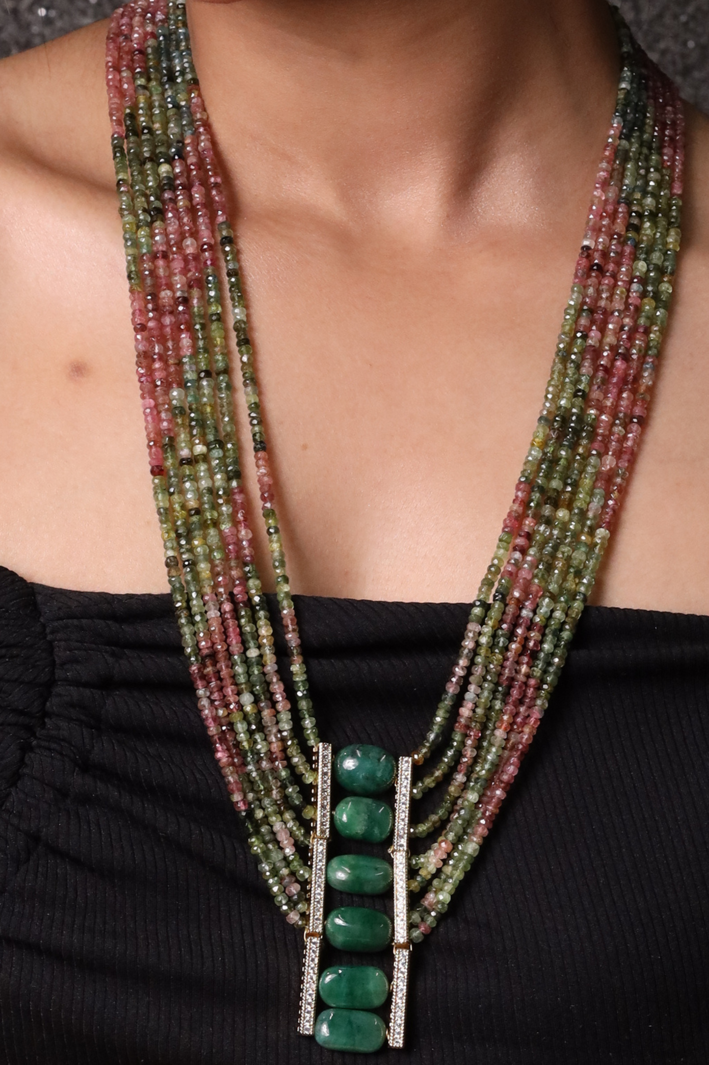 Tourmaline  With Green Tumbles Seven line Necklace