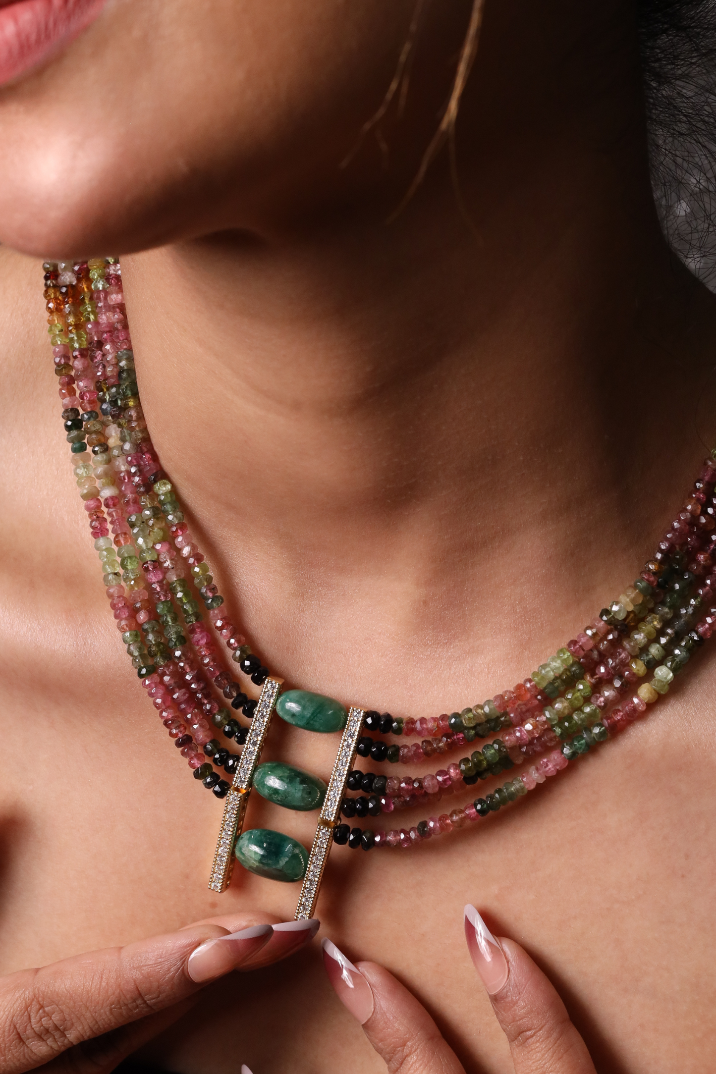 Tourmaline  with green tumbles five line necklace