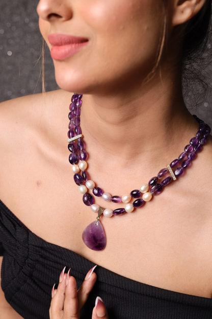 Amethyst with Freshwater Pearl & Locket Necklace