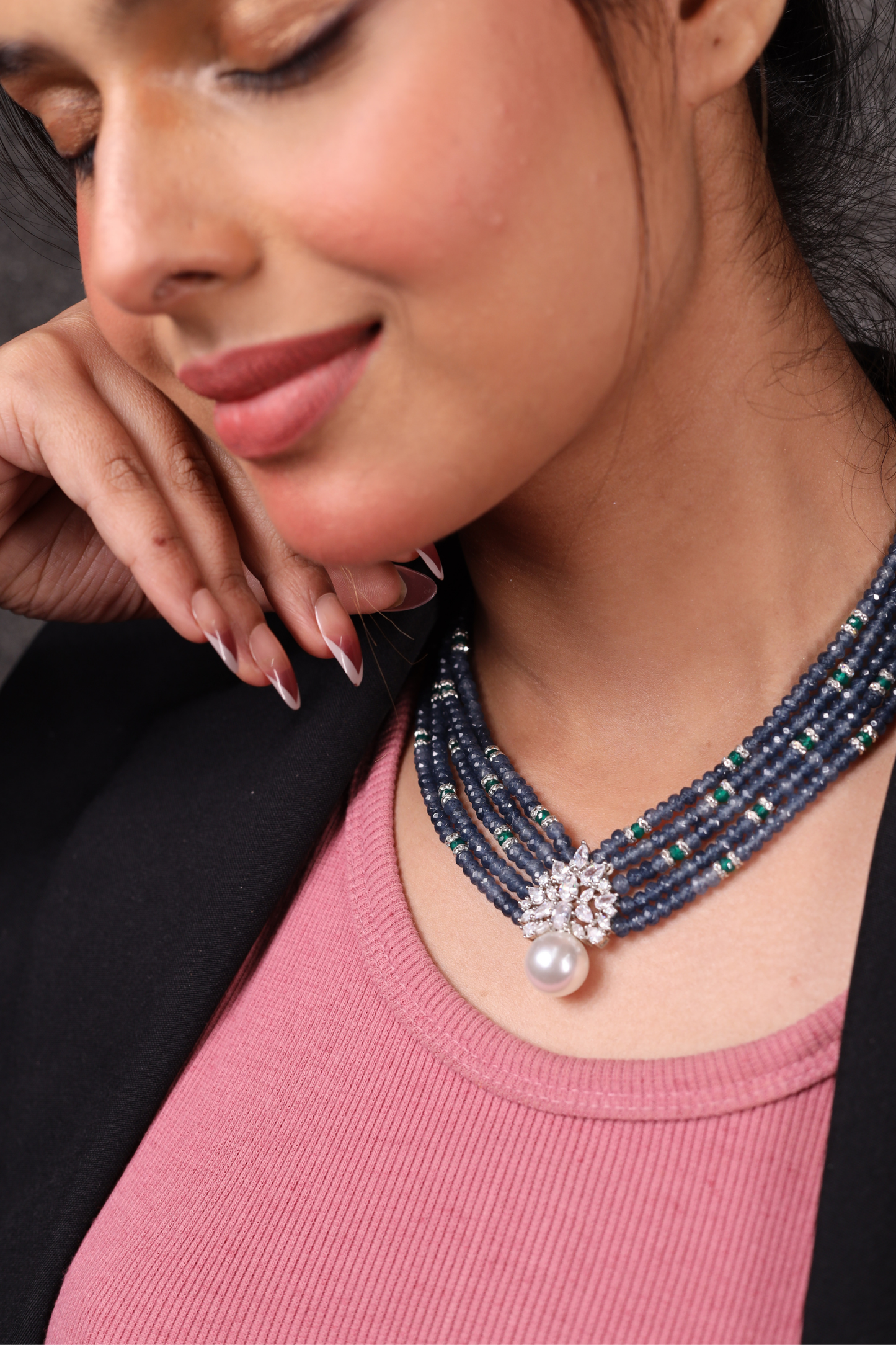 Blue onyx Beads with Pearl DC Pendant  Necklace