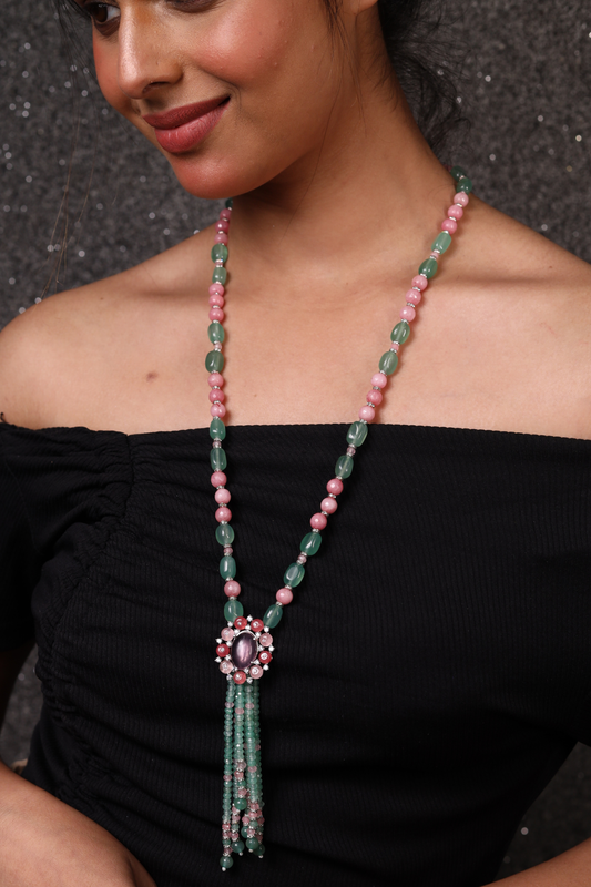Green & Pink Onyx with Diamond-Cut Pendant  String Necklace